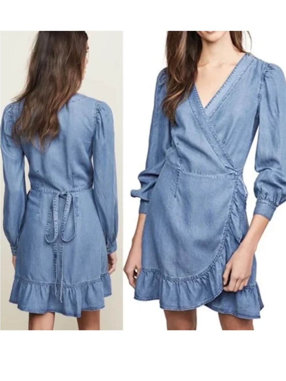 PAIGE Light Blue Denim Wrap Dress with Ruffle Hem